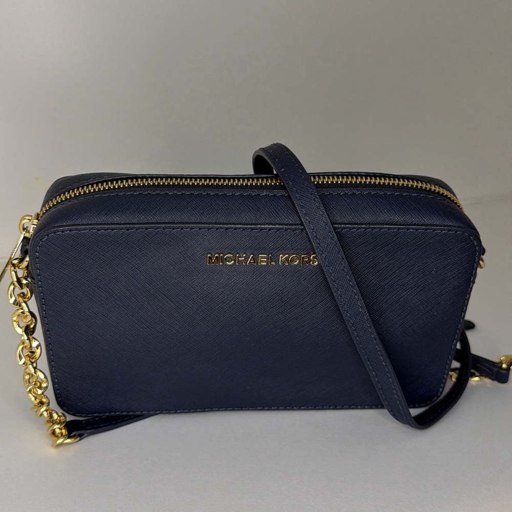 Michael Kors Dark Blue Crossbody Bag with Gold Chain